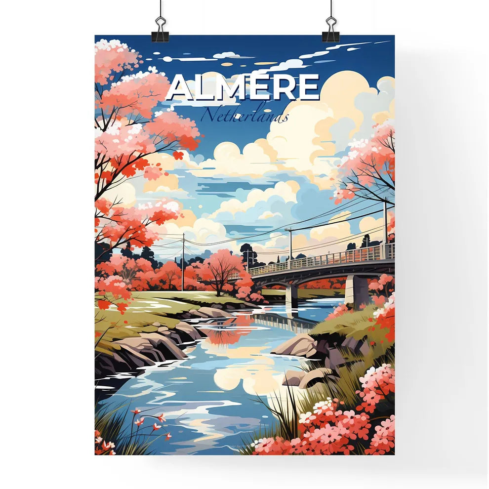 Almere, Netherlands, A Poster of a bridge over a river with pink flowers Default Title