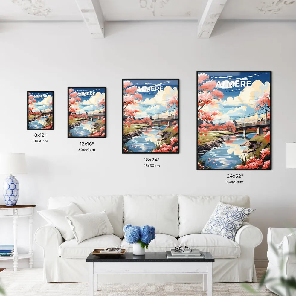 Almere, Netherlands, A Poster of a bridge over a river with pink flowers Default Title