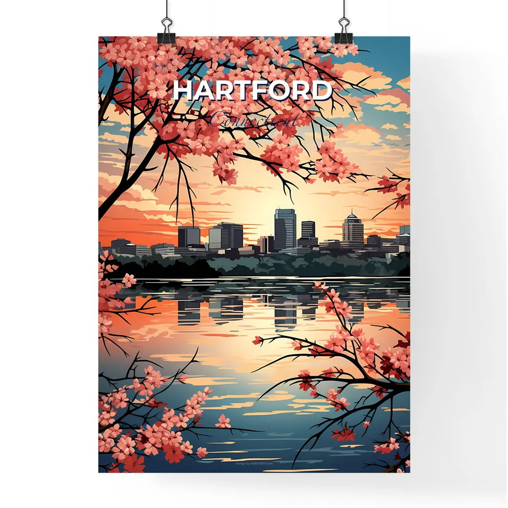 Hartford, Connecticut, A Poster of a cityscape with pink flowers and water Default Title