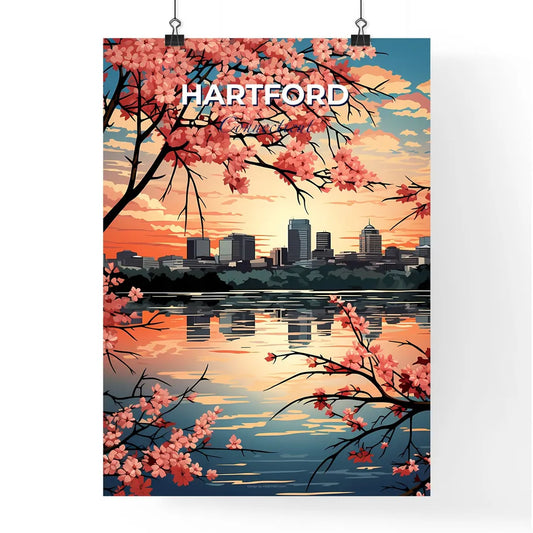 Hartford, Connecticut, A Poster of a cityscape with pink flowers and water Default Title