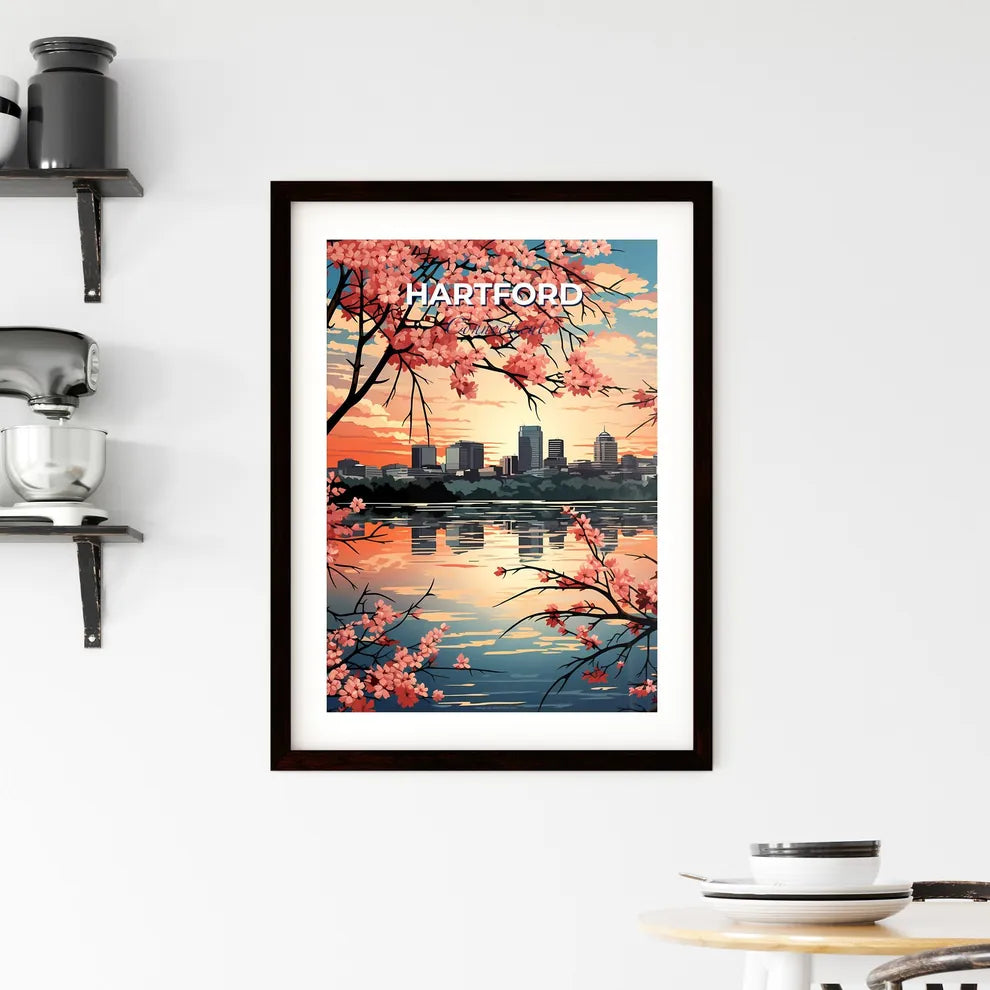 Hartford, Connecticut, A Poster of a cityscape with pink flowers and water Default Title