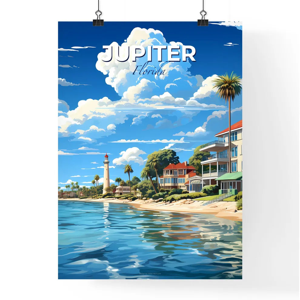 Jupiter, Florida, A Poster of a beach with houses and palm trees Default Title