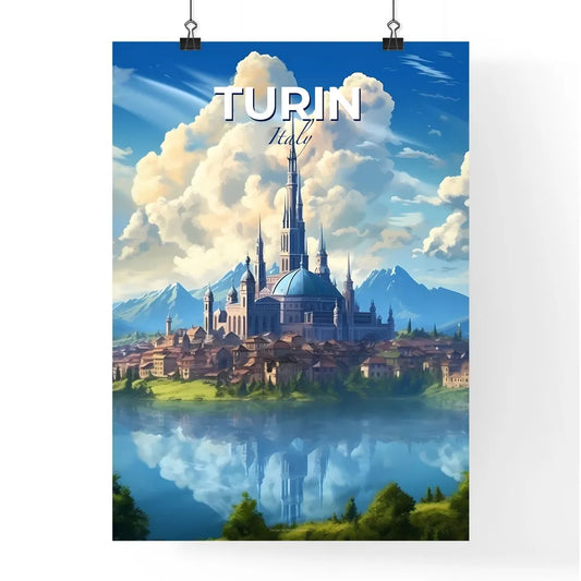 Turin, Italy, A Poster of a castle on an island with a lake and mountains in the background Default Title