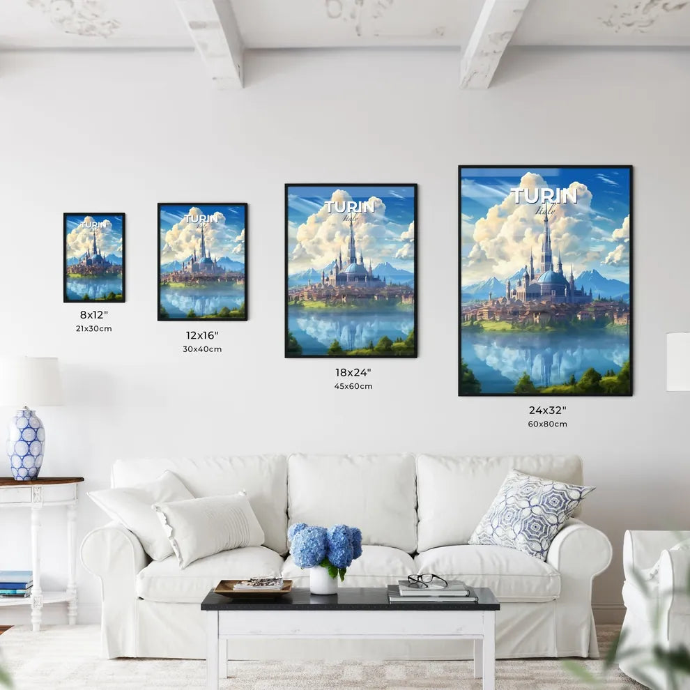 Turin, Italy, A Poster of a castle on an island with a lake and mountains in the background Default Title