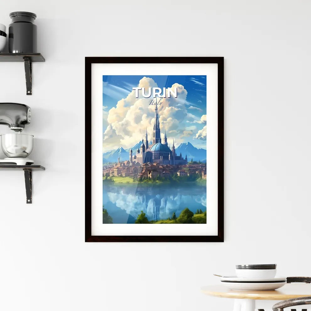 Turin, Italy, A Poster of a castle on an island with a lake and mountains in the background Default Title