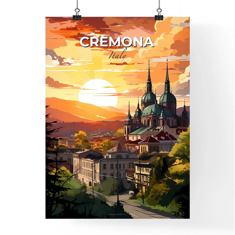 Cremona, Italy, A Poster of a building with towers and trees in front of a sunset Default Title