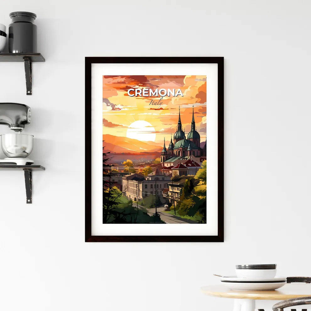 Cremona, Italy, A Poster of a building with towers and trees in front of a sunset Default Title