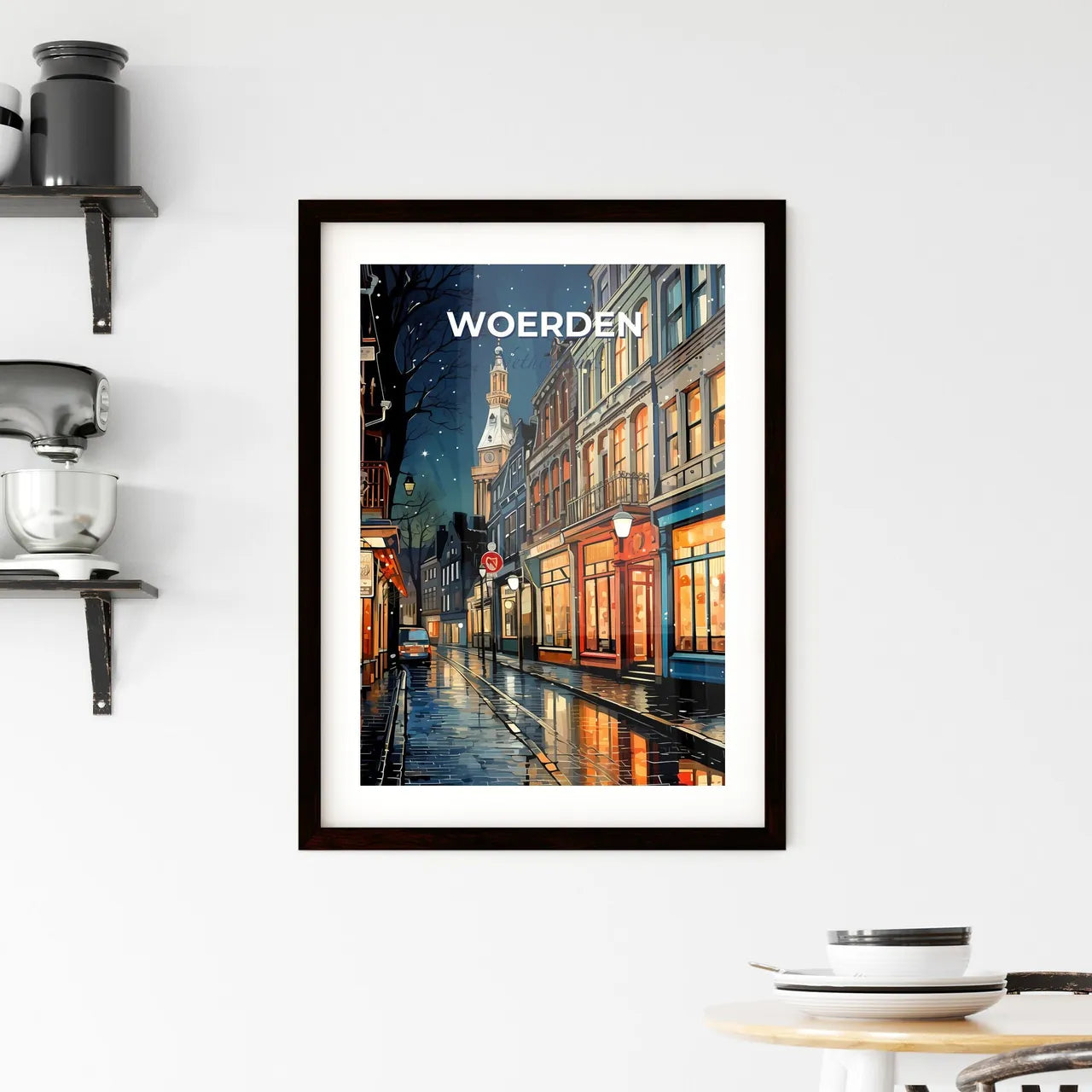 Woerden, Netherlands, A Poster of a street with buildings and a clock tower Default Title