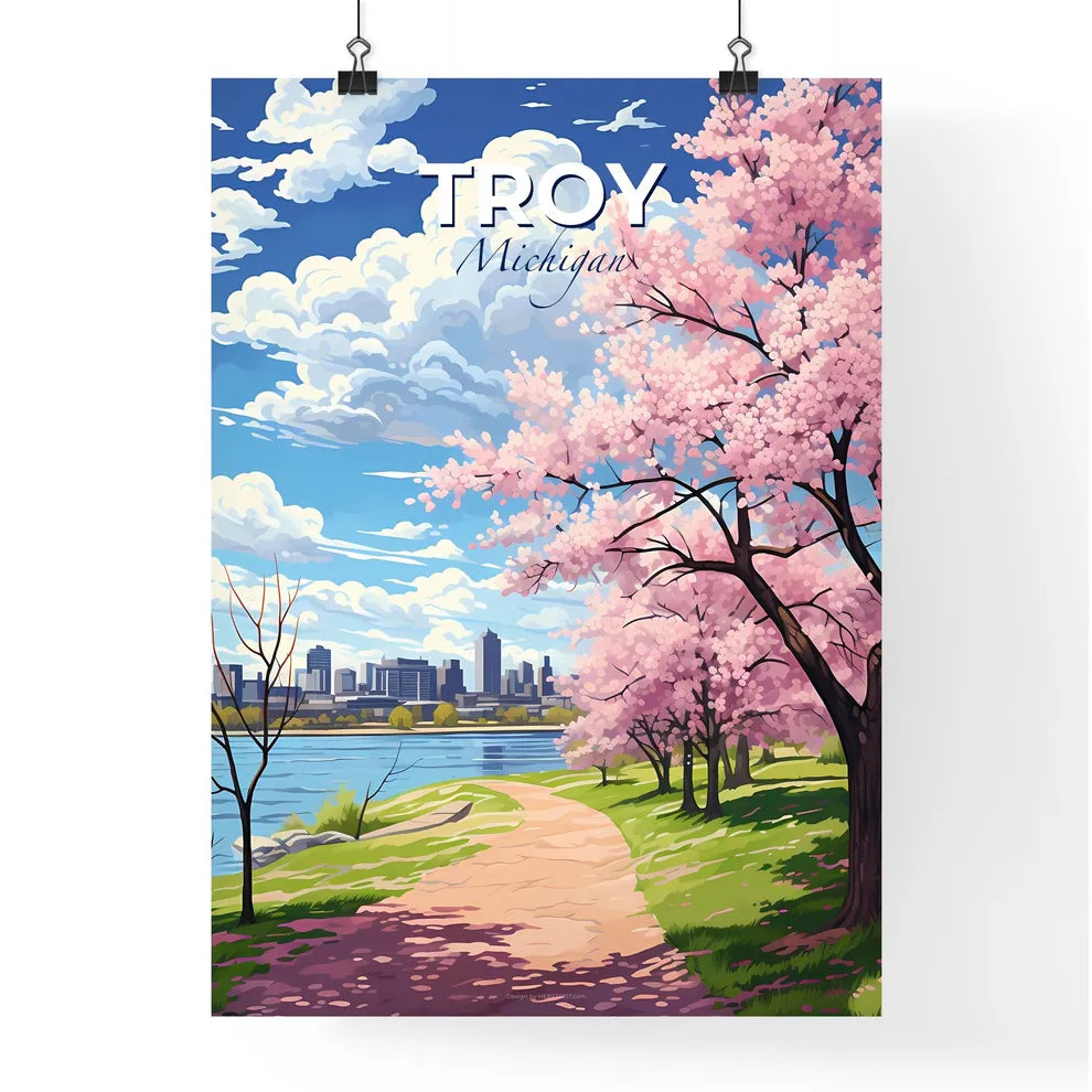 Troy, Michigan, A Poster of a path with pink trees and a city in the background Default Title