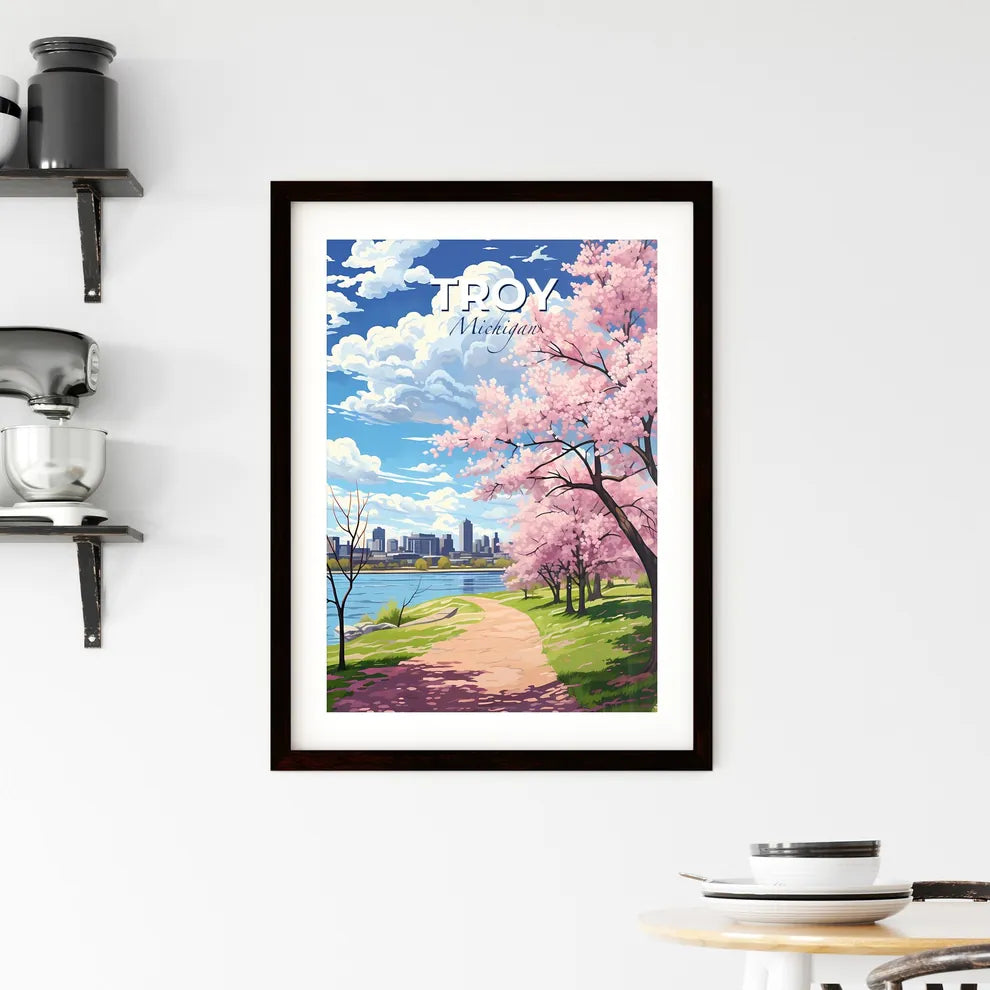 Troy, Michigan, A Poster of a path with pink trees and a city in the background Default Title