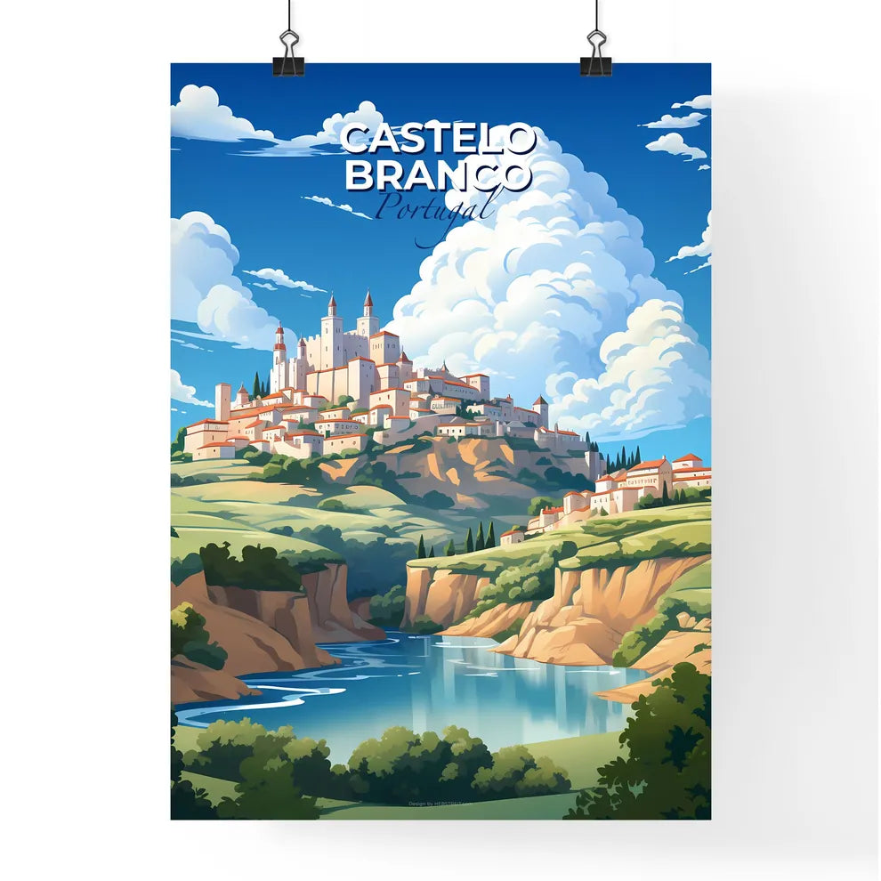 Castelo Branco, Portugal, A Poster of a castle on a hill with a river and blue sky Default Title