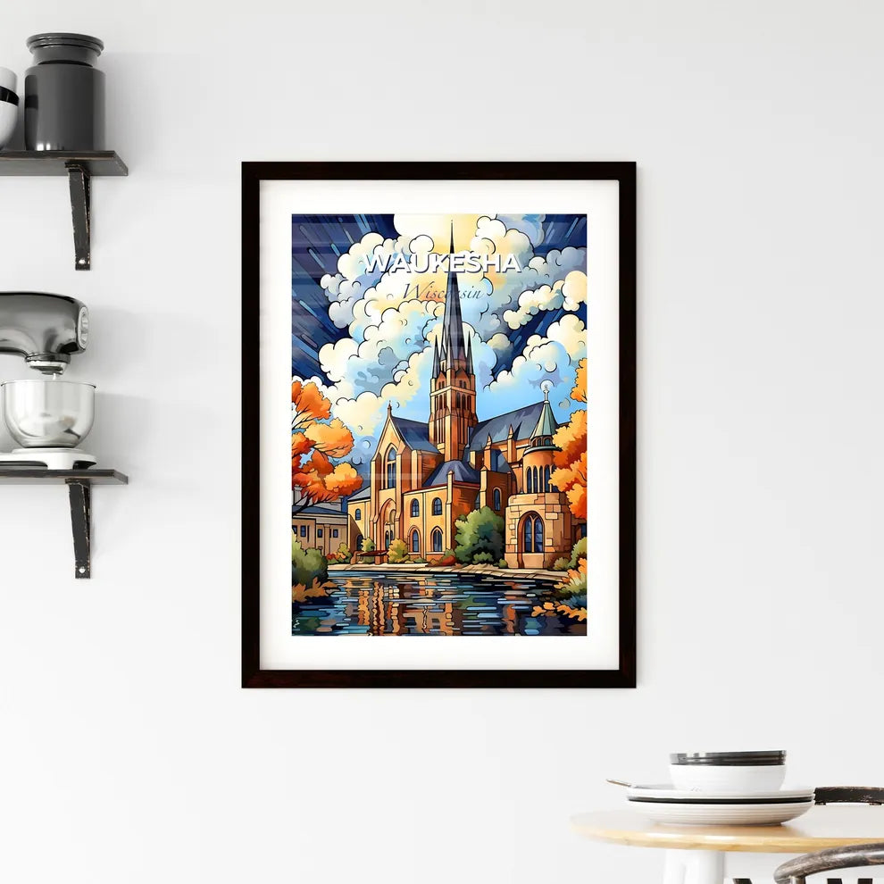 Waukesha, Wisconsin, A Poster of a painting of a church with a lake and trees Default Title