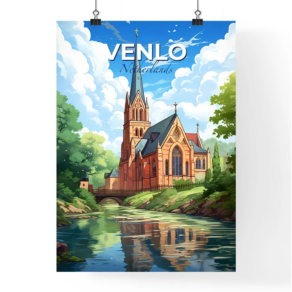 Venlo, Netherlands, A Poster of a church with a bridge over a river Default Title