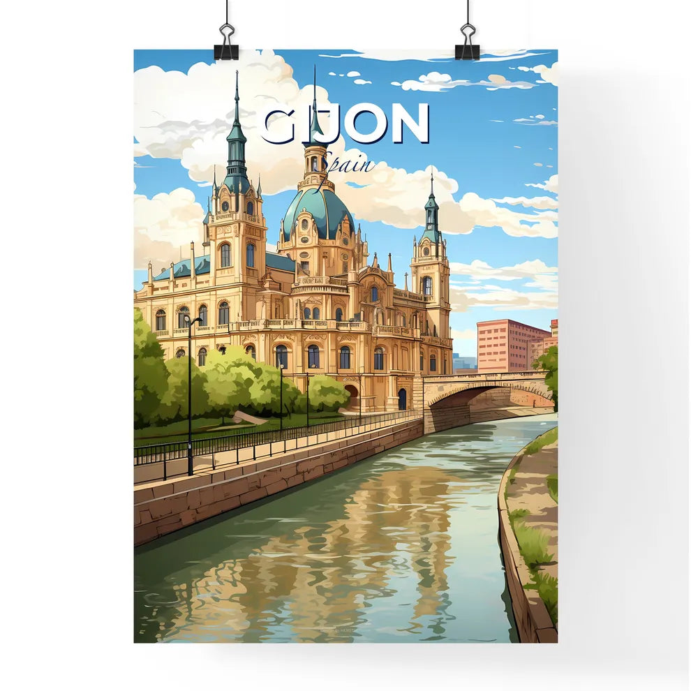 Gijon, Spain, A Poster of a building with a bridge and trees Default Title