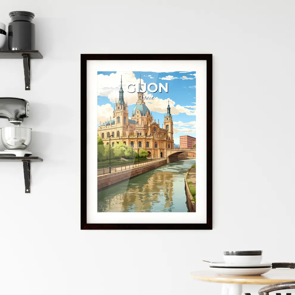 Gijon, Spain, A Poster of a building with a bridge and trees Default Title