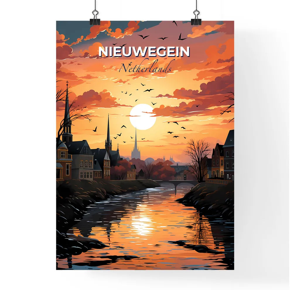 Nieuwegein, Netherlands, A Poster of a river with a bridge and a city with birds flying over it Default Title