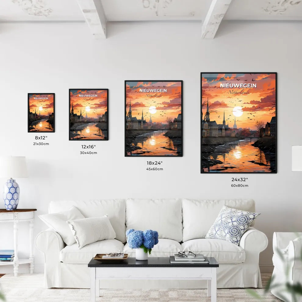 Nieuwegein, Netherlands, A Poster of a river with a bridge and a city with birds flying over it Default Title