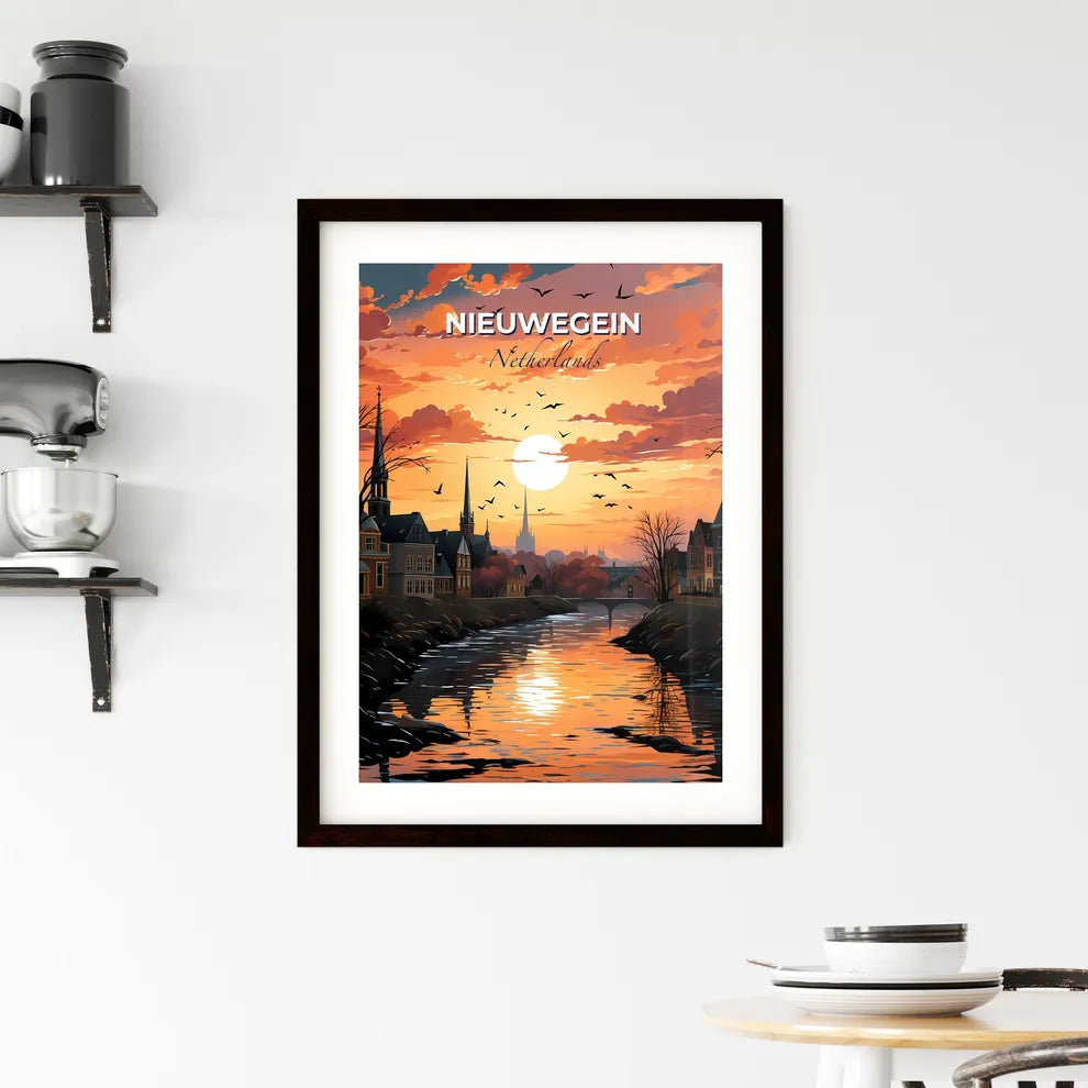 Nieuwegein, Netherlands, A Poster of a river with a bridge and a city with birds flying over it Default Title