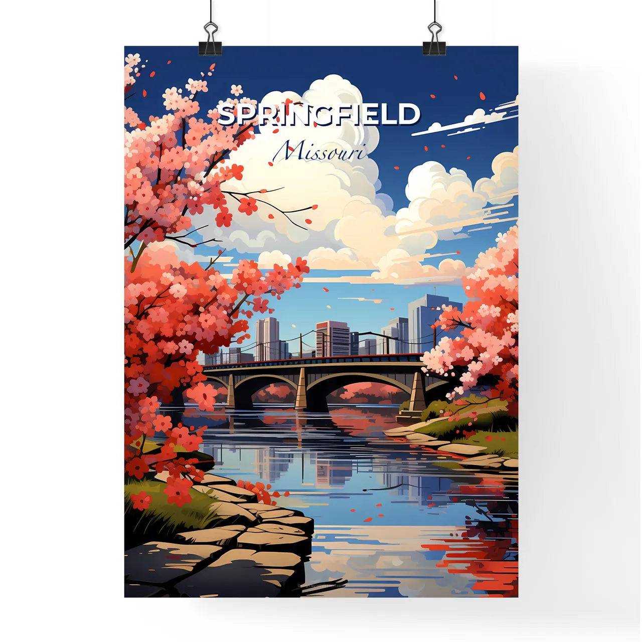 Springfield, Missouri, A Poster of a bridge over a river with pink flowers Default Title