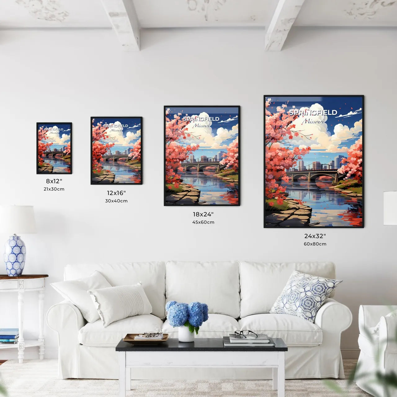 Springfield, Missouri, A Poster of a bridge over a river with pink flowers Default Title