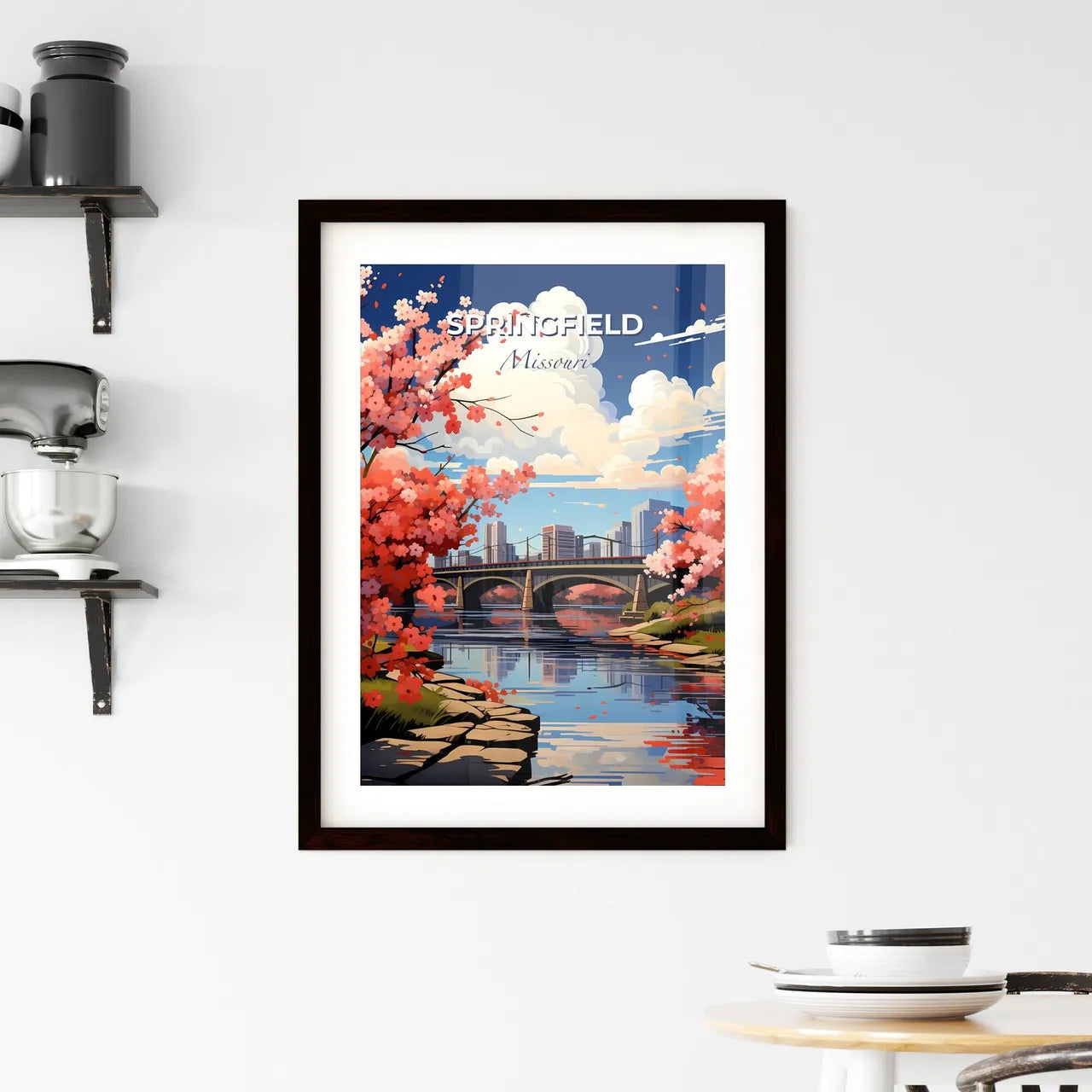 Springfield, Missouri, A Poster of a bridge over a river with pink flowers Default Title