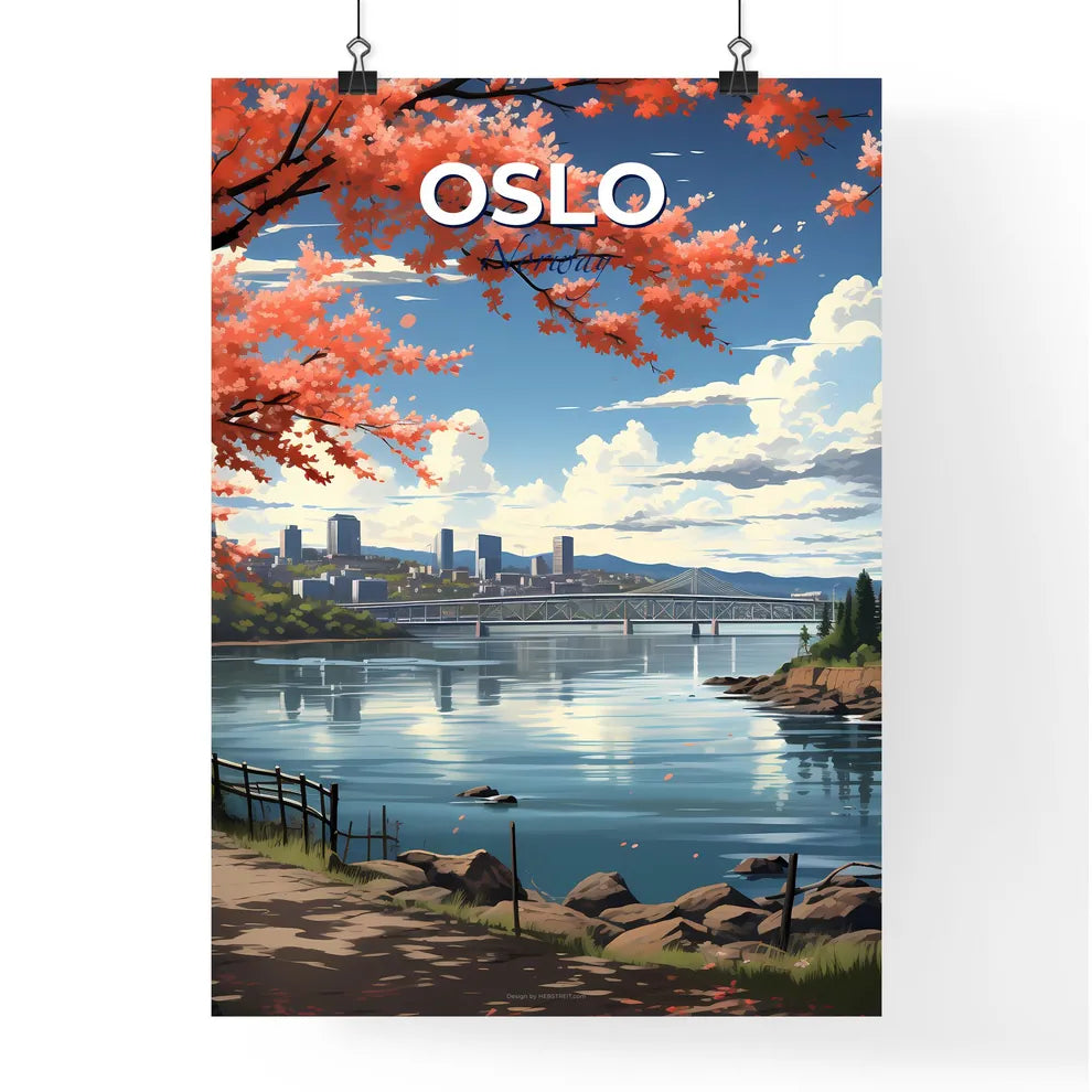 Oslo, Norway, A Poster of a river with a bridge and trees Default Title