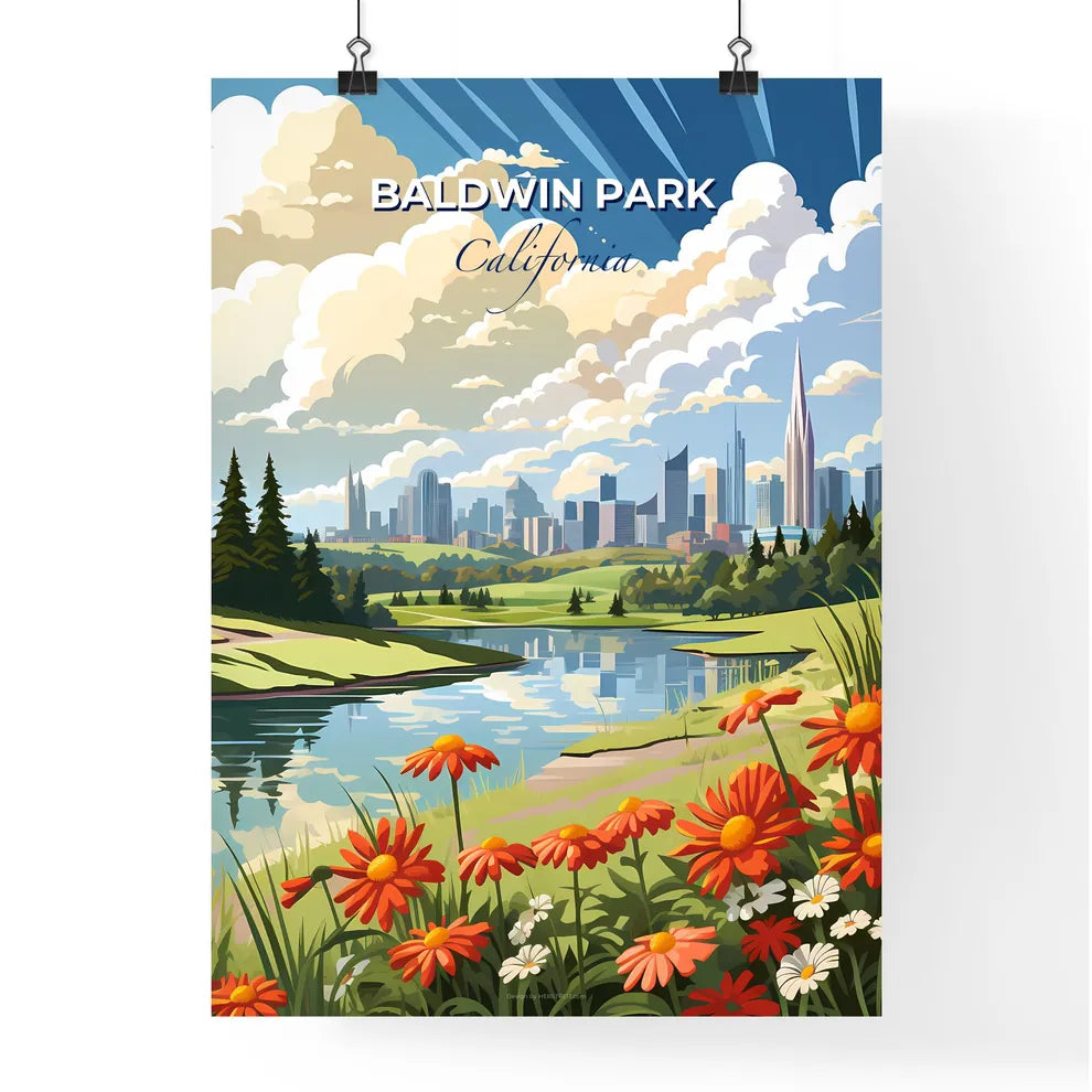Baldwin Park, California, A Poster of a river with flowers and trees in front of a city Default Title