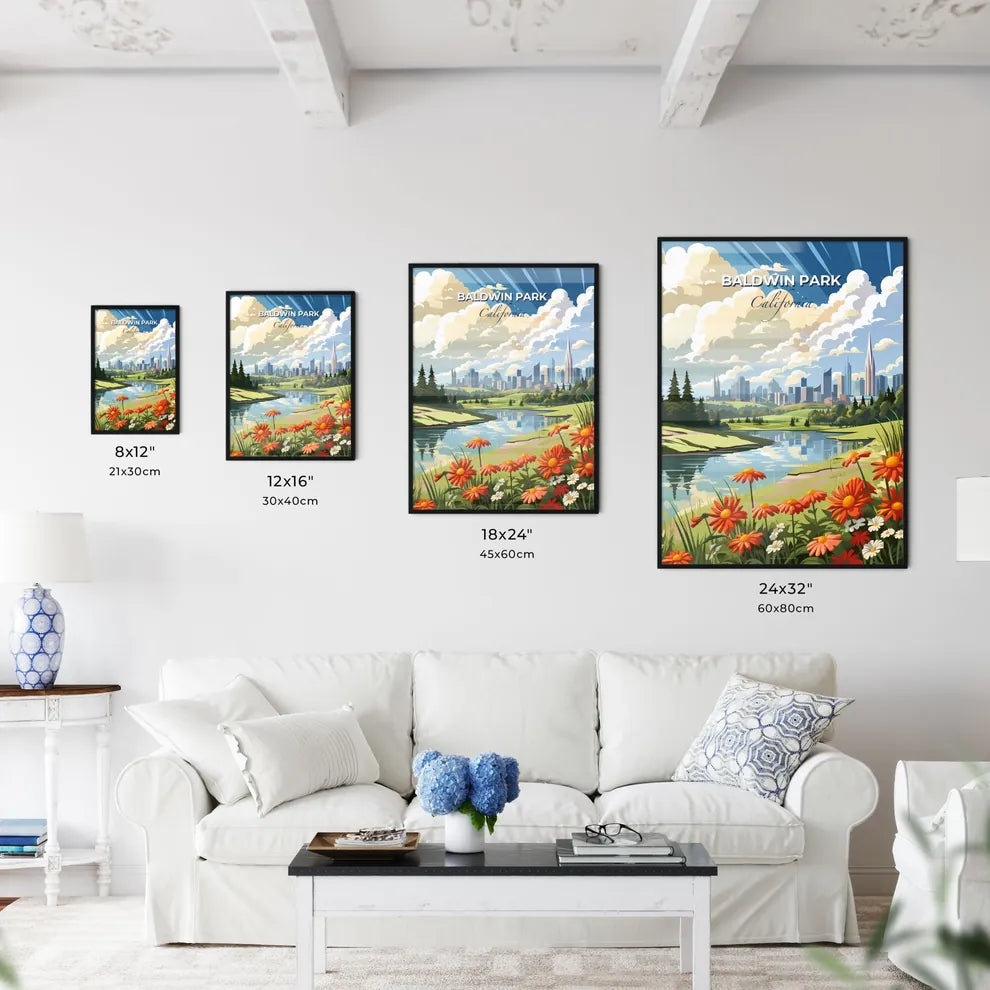 Baldwin Park, California, A Poster of a river with flowers and trees in front of a city Default Title