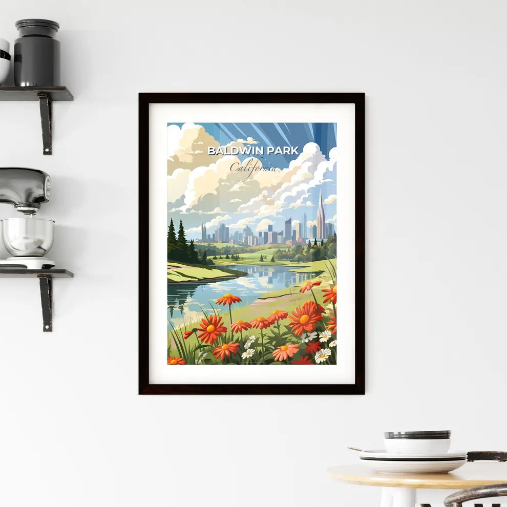 Baldwin Park, California, A Poster of a river with flowers and trees in front of a city Default Title