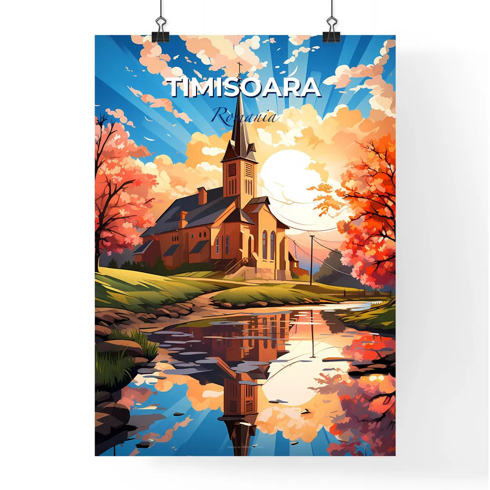 Timisoara, Romania, A Poster of a church with a steeple and trees by a river Default Title