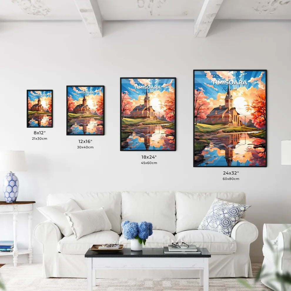 Timisoara, Romania, A Poster of a church with a steeple and trees by a river Default Title