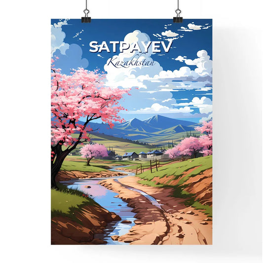 Satpayev, Kazakhstan, A Poster of a stream running through a valley with pink flowers Default Title