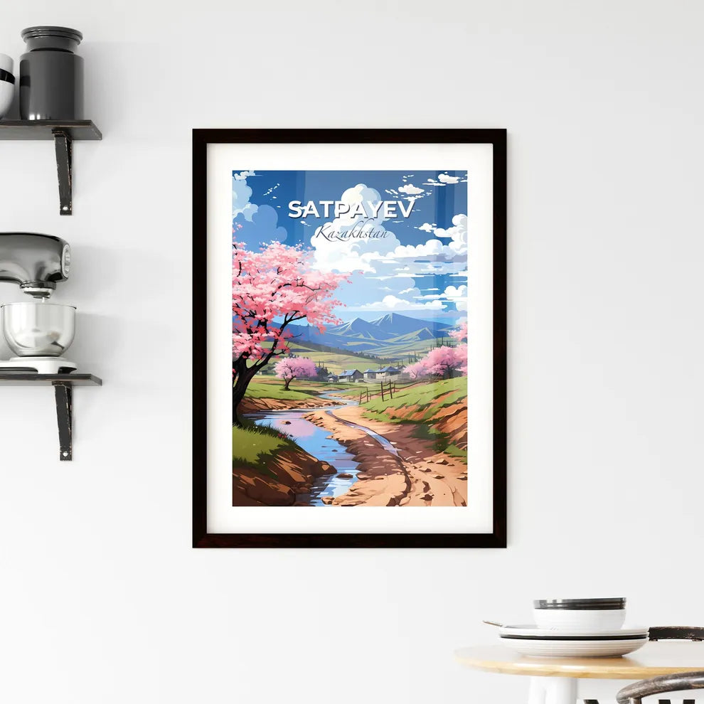 Satpayev, Kazakhstan, A Poster of a stream running through a valley with pink flowers Default Title