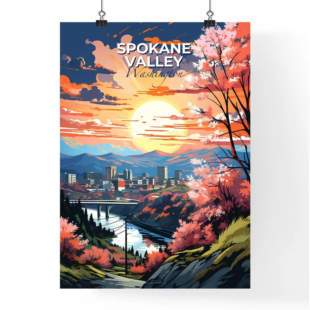 Spokane Valley, Washington, A Poster of a landscape with a river and trees and a city in the distance Default Title