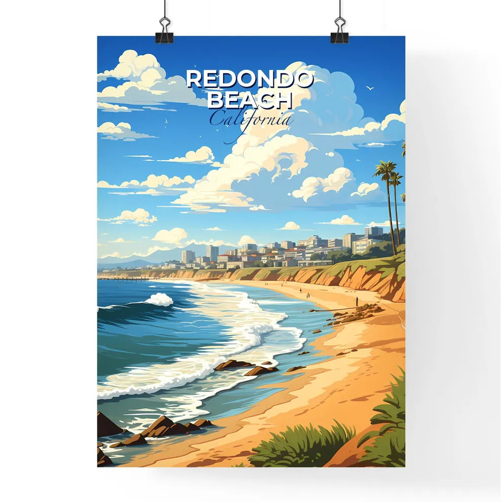 Redondo Beach, California, A Poster of a beach with palm trees and a city in the background Default Title