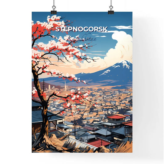 Stepnogorsk, Kazakhstan, A Poster of a tree with pink blossoms in front of a city with mountains in the background Default Title