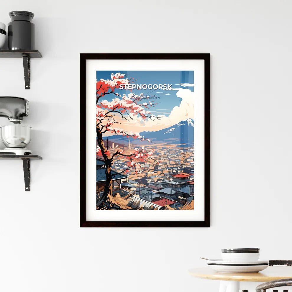 Stepnogorsk, Kazakhstan, A Poster of a tree with pink blossoms in front of a city with mountains in the background Default Title
