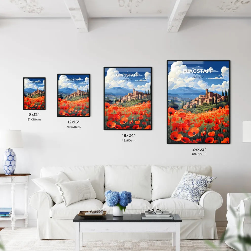 Flagstaff, Arizona, A Poster of a field of red flowers with buildings in the background Default Title