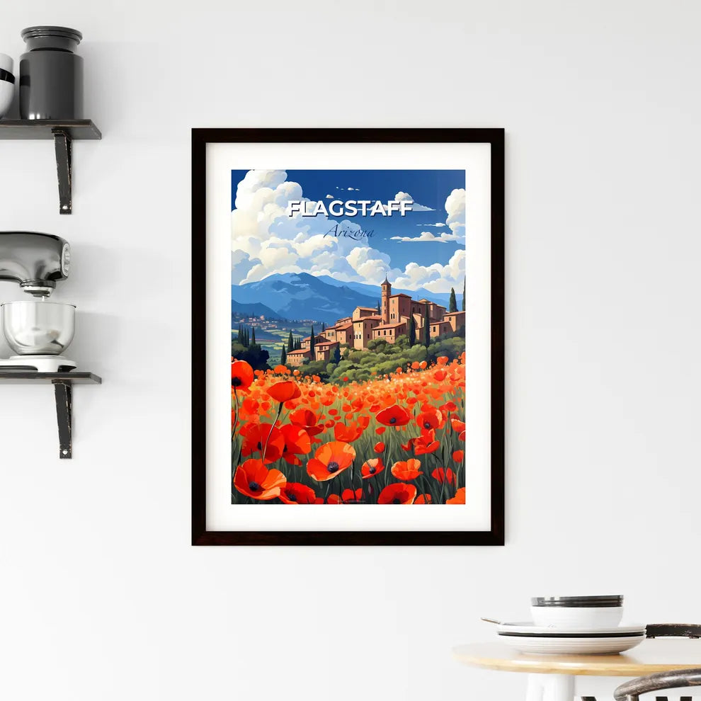 Flagstaff, Arizona, A Poster of a field of red flowers with buildings in the background Default Title