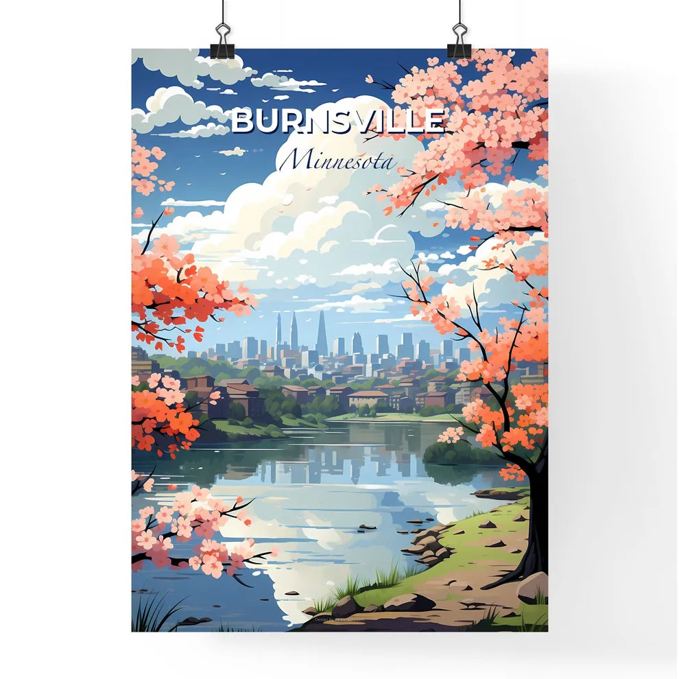 Burnsville, Minnesota, A Poster of a landscape of a city with pink flowers and a river Default Title