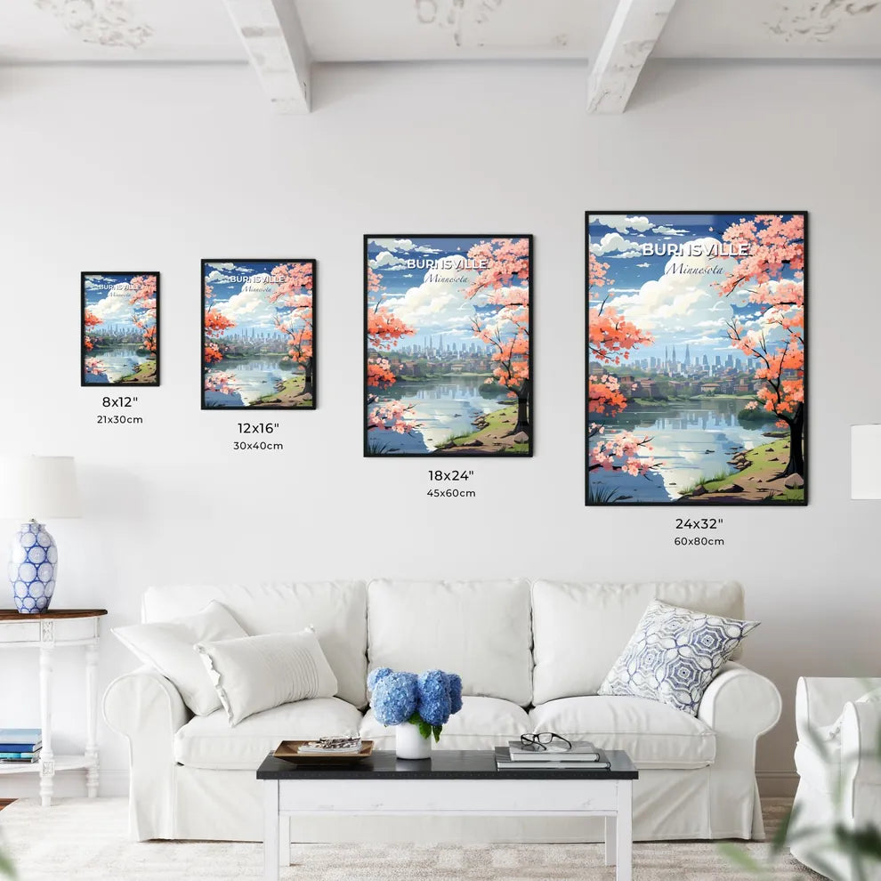 Burnsville, Minnesota, A Poster of a landscape of a city with pink flowers and a river Default Title