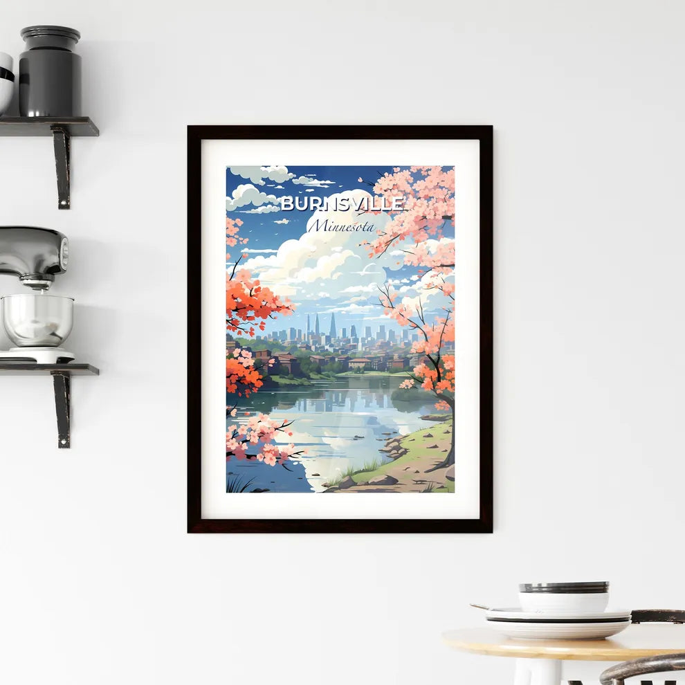 Burnsville, Minnesota, A Poster of a landscape of a city with pink flowers and a river Default Title
