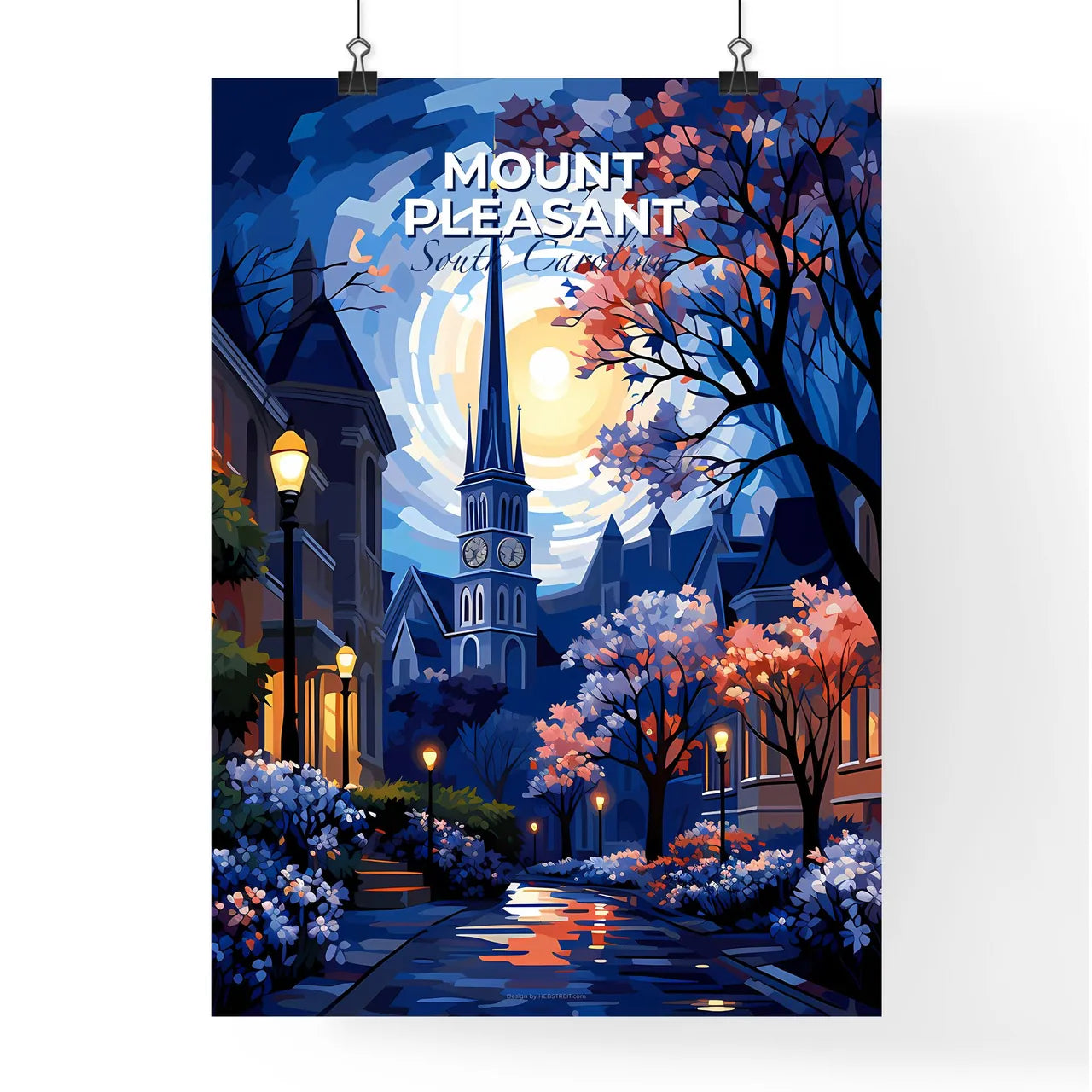 Mount Pleasant, South Carolina, A Poster of a painting of a church with a clock tower in the background Default Title