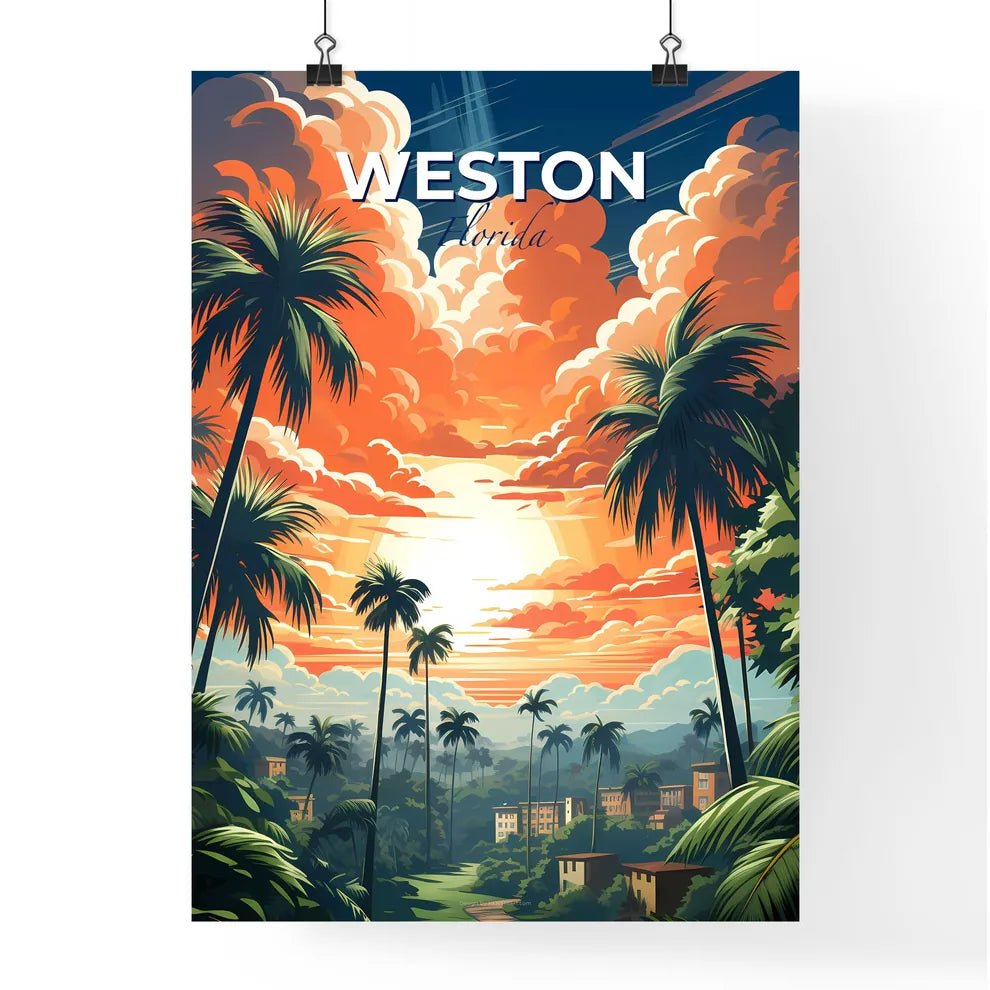 Weston, Florida, A Poster of a landscape of a tropical forest with palm trees and buildings Default Title