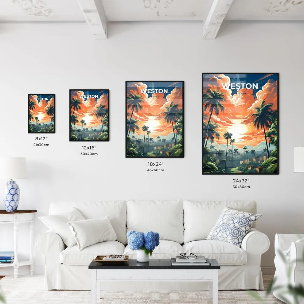 Weston, Florida, A Poster of a landscape of a tropical forest with palm trees and buildings Default Title