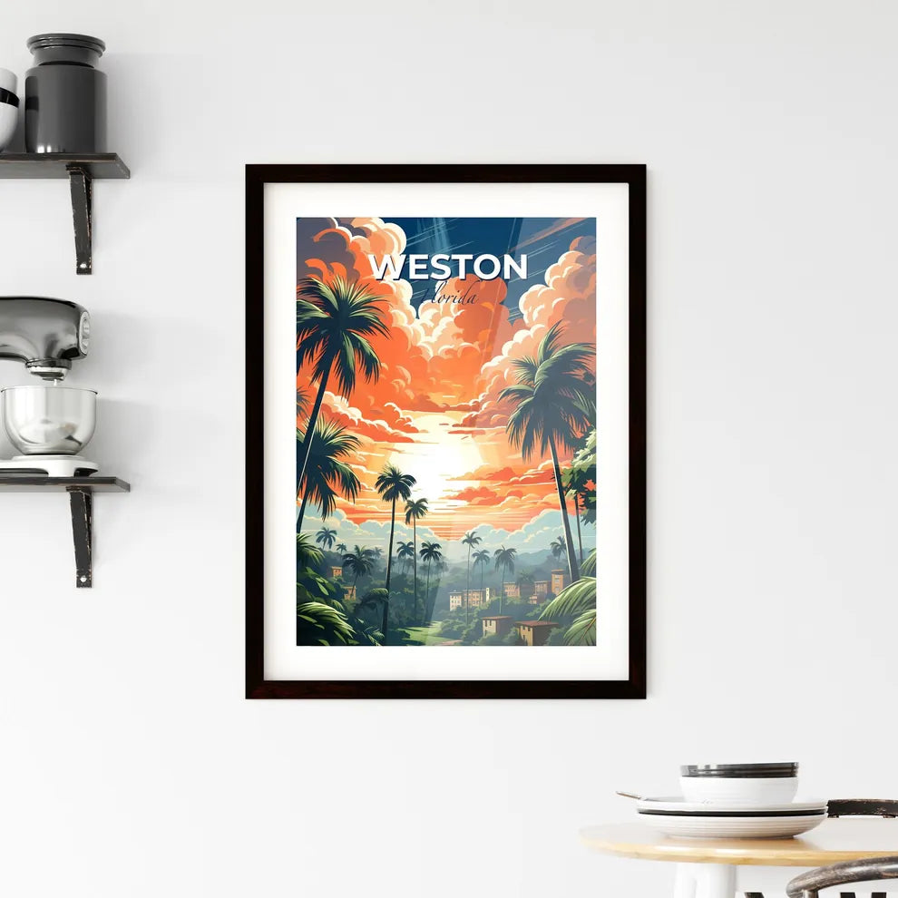 Weston, Florida, A Poster of a landscape of a tropical forest with palm trees and buildings Default Title