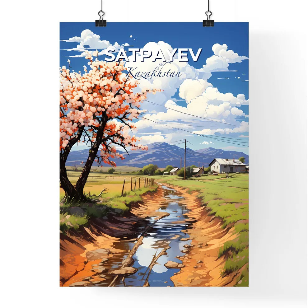 Satpayev, Kazakhstan, A Poster of a tree with pink flowers next to a stream of water Default Title