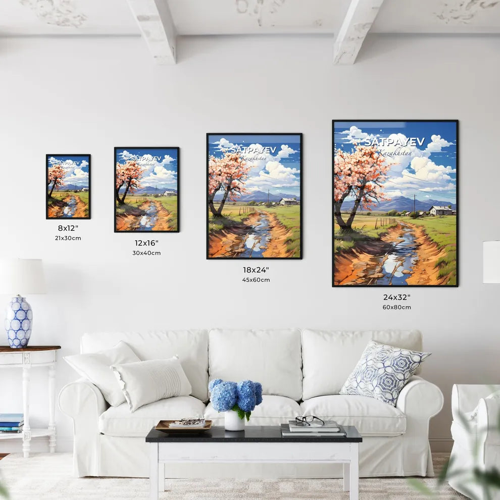 Satpayev, Kazakhstan, A Poster of a tree with pink flowers next to a stream of water Default Title