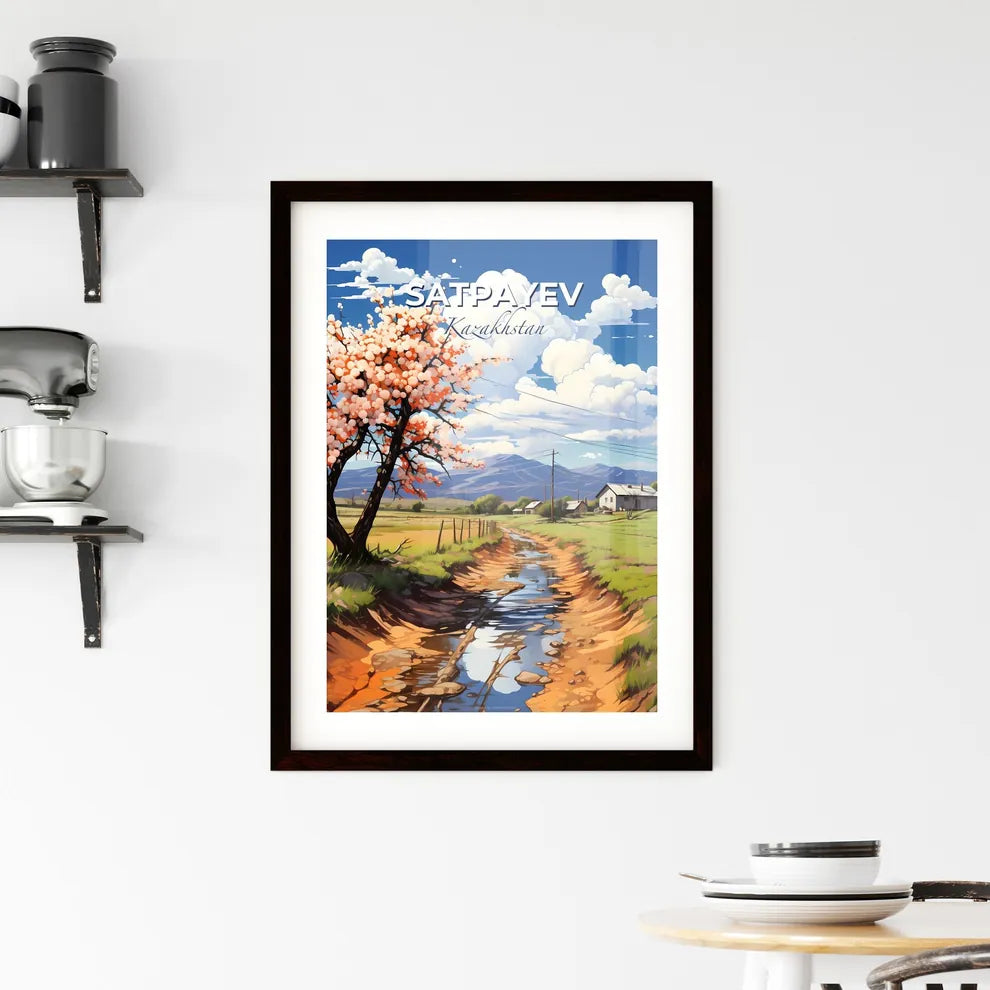 Satpayev, Kazakhstan, A Poster of a tree with pink flowers next to a stream of water Default Title