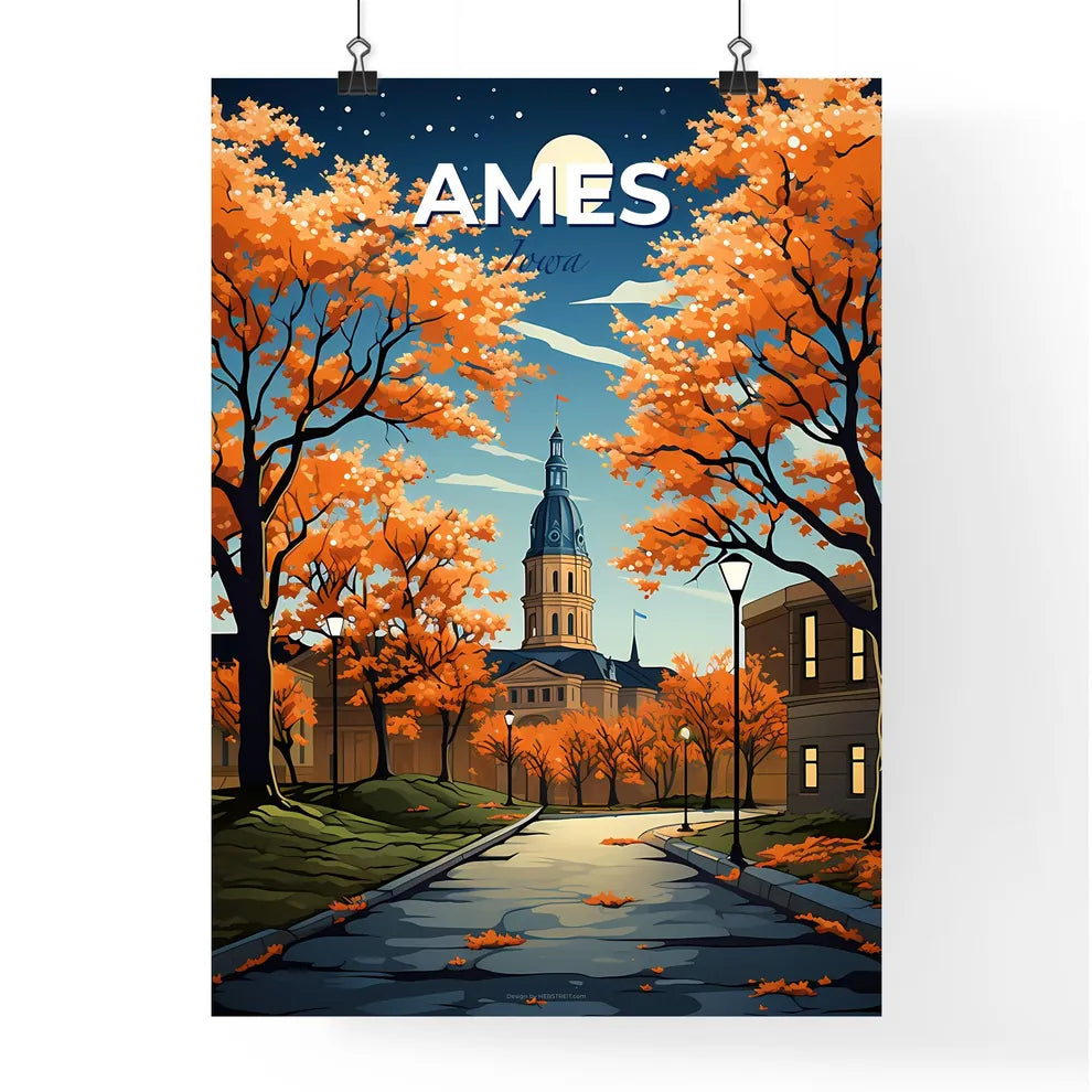 Ames, Iowa, A Poster of a road with orange trees and a building in the background Default Title